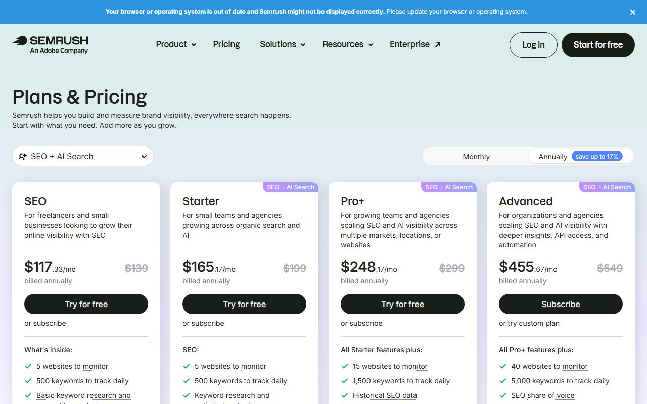 Semrush plans and pricing (7-day trial, free account 1 project and 10 reports a day, no credit card for free account), captured October 13, 2026. Figures change; the live page is the source of truth.