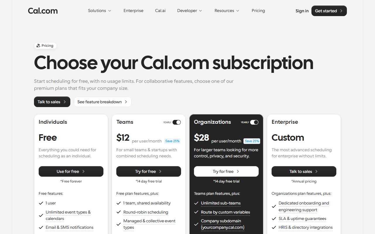 Cal.com pricing (Teams $12 and Organizations $28 per user per month, both labelled yearly, free individual tier), captured October 27, 2026. Figures change; the live page is the source of truth.