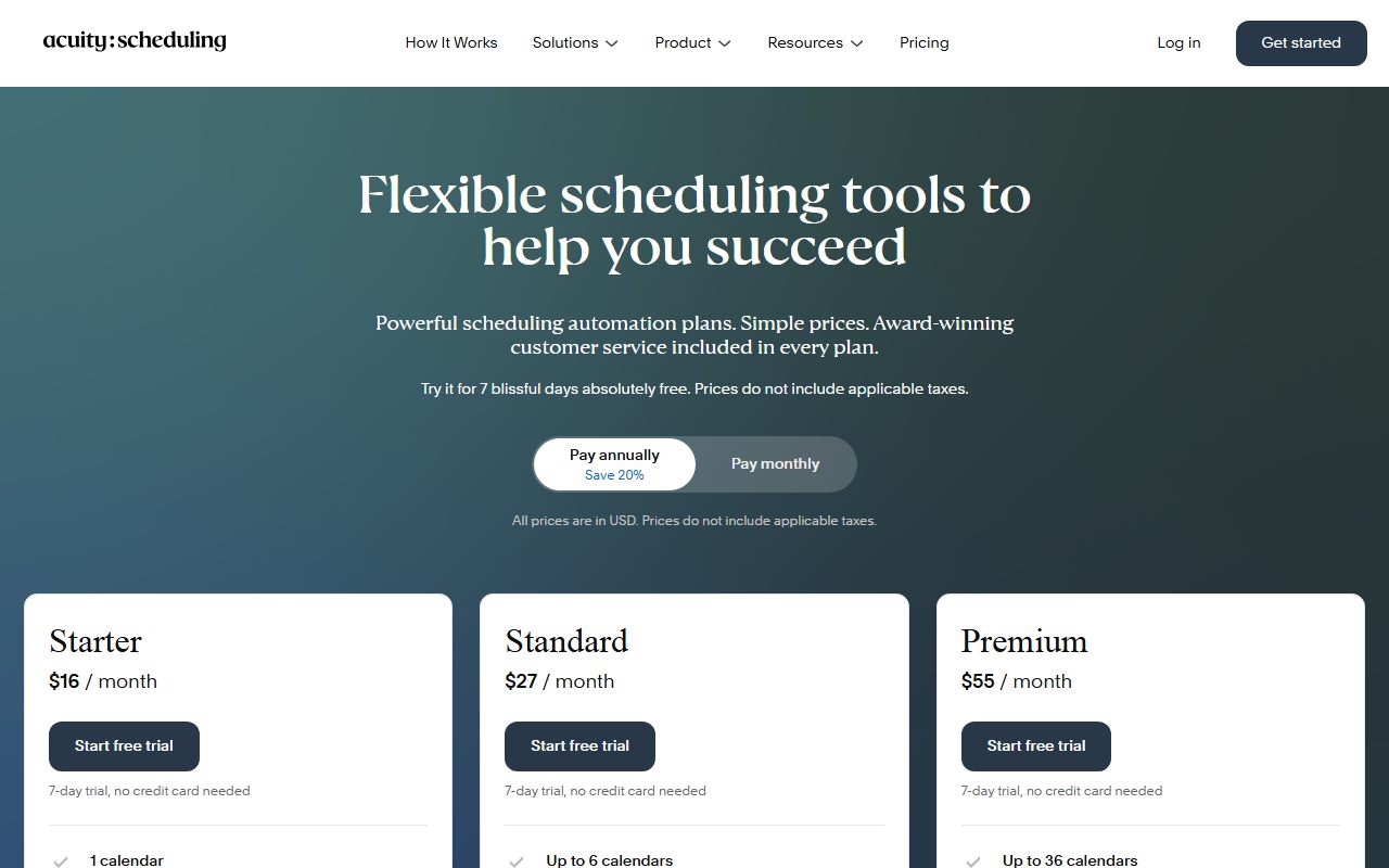 Acuity Scheduling pricing (Starter $16 and $20 for one calendar, Standard $27 and $34 for six, Premium $55 and $69 for thirty-six, seven-day trial), captured October 27, 2026. Figures change; the live page is the source of truth.