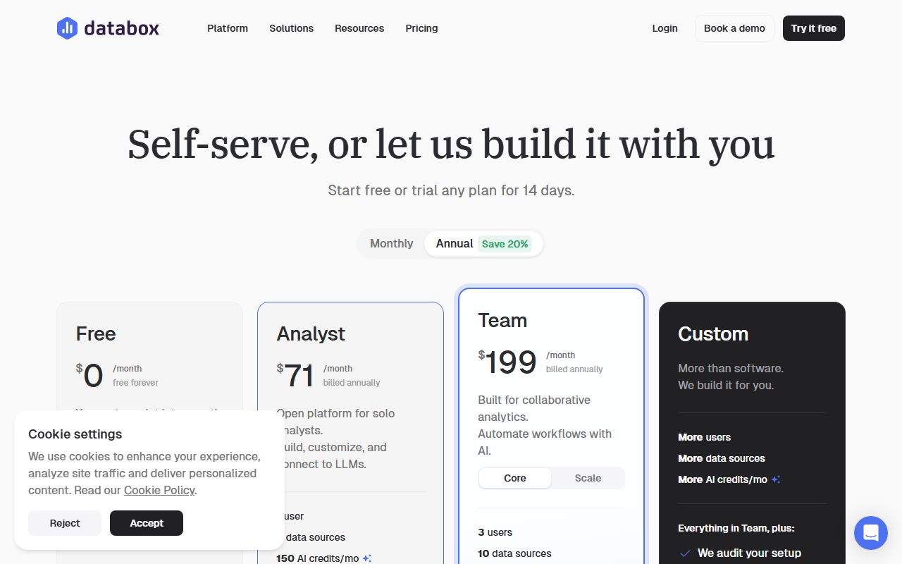 Databox pricing (Free $0; Analyst $71; Team Core $199 and Team Scale $319 a month billed annually; Agency from $79 with $20 account packs; FAQ gives $249, $399, $99 and $25 monthly; add-ons $200, $160, $80, $40, $14), captured October 28, 2026. Figures change; the live page is the source of truth.