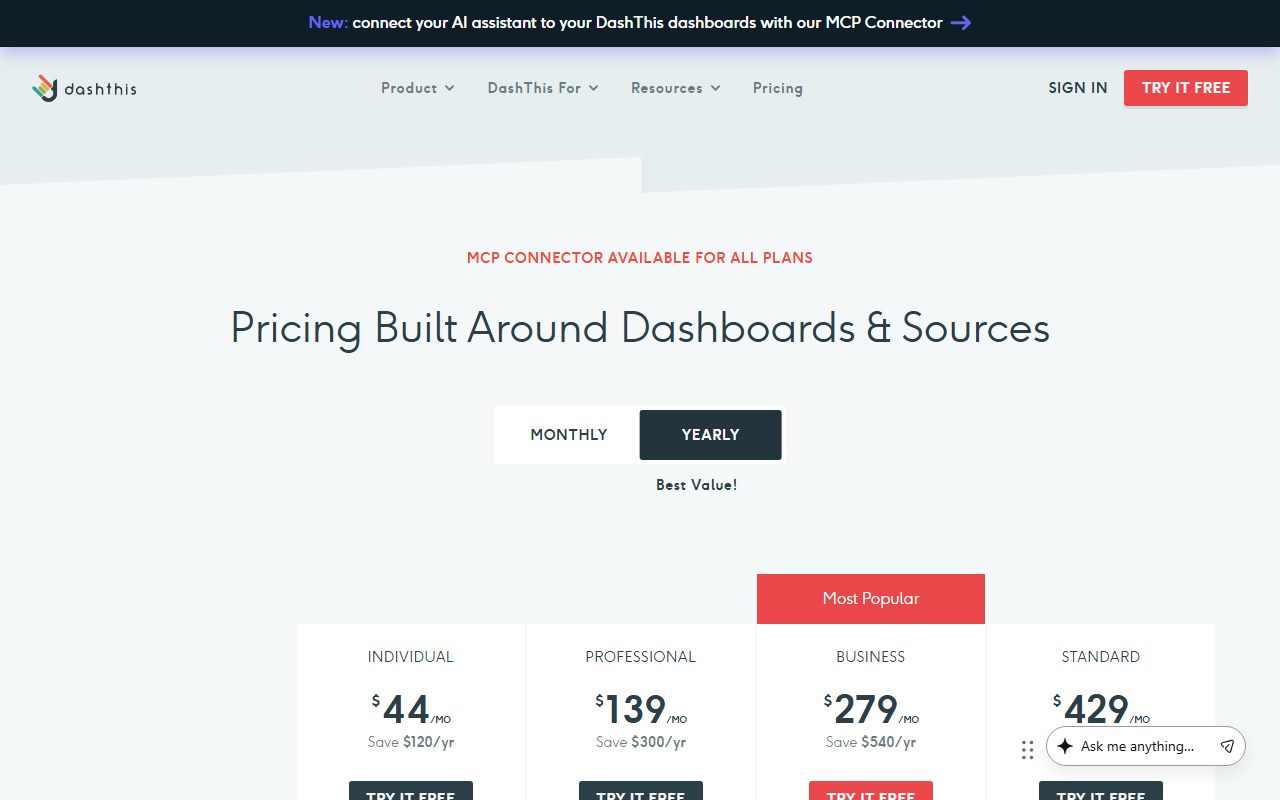DashThis pricing (Individual $54 or $44 paid yearly, Professional $164 or $139, Business $324 or $279, Standard $499 or $429; unlimited users; AI Insights Pro add-on $19 or $15), captured October 28, 2026. Figures change; the live page is the source of truth.