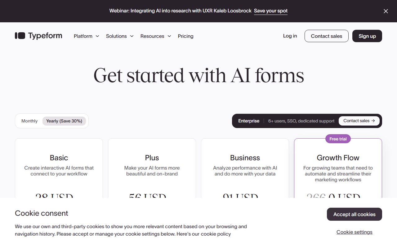 Typeform pricing (Basic, Plus, Business response caps and annual totals), captured October 29, 2026. Figures change; the live page is the source of truth.