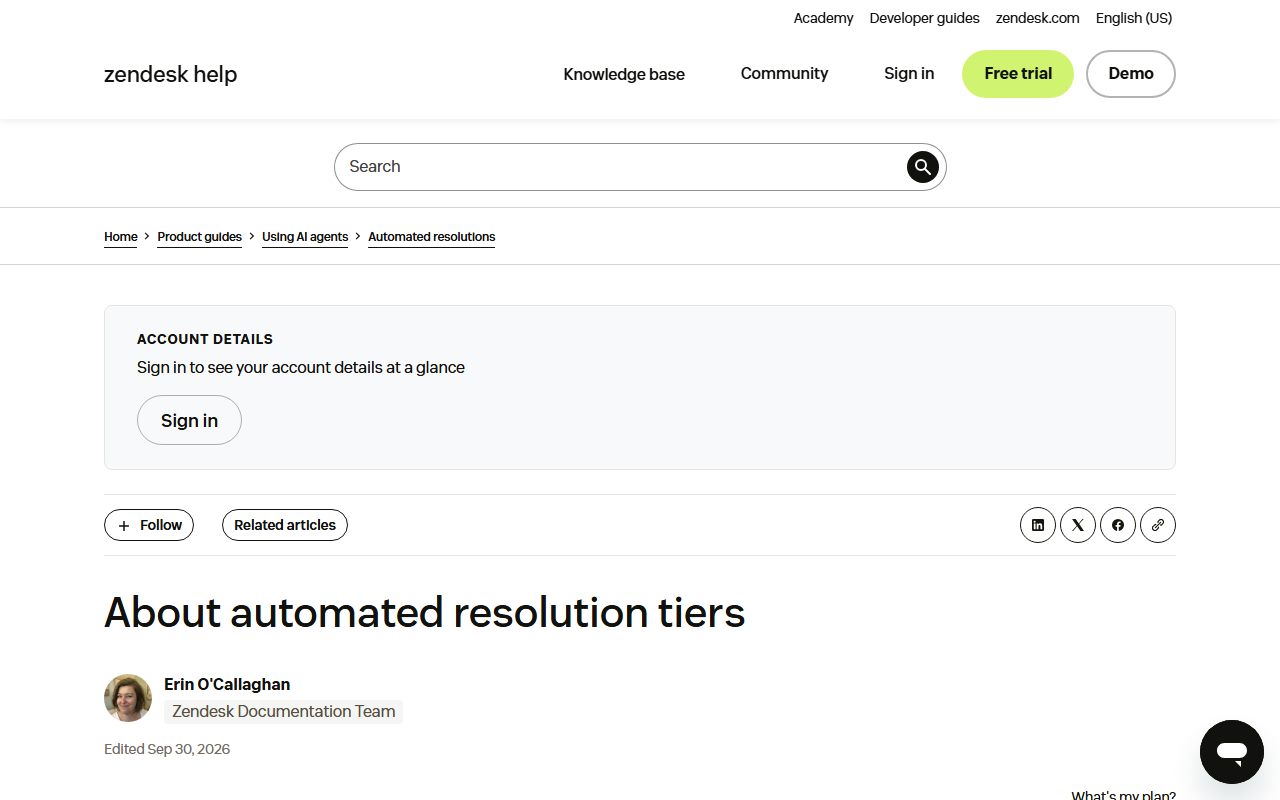 Zendesk: About automated resolution tiers (assisted escalation, contained and verified resolution), captured October 14, 2026. Figures change; the live page is the source of truth.
