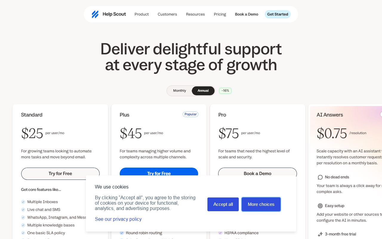 Help Scout pricing (Standard $25, Plus $45, Pro $75, AI Answers $0.75 per resolution), captured October 14, 2026. Figures change; the live page is the source of truth.