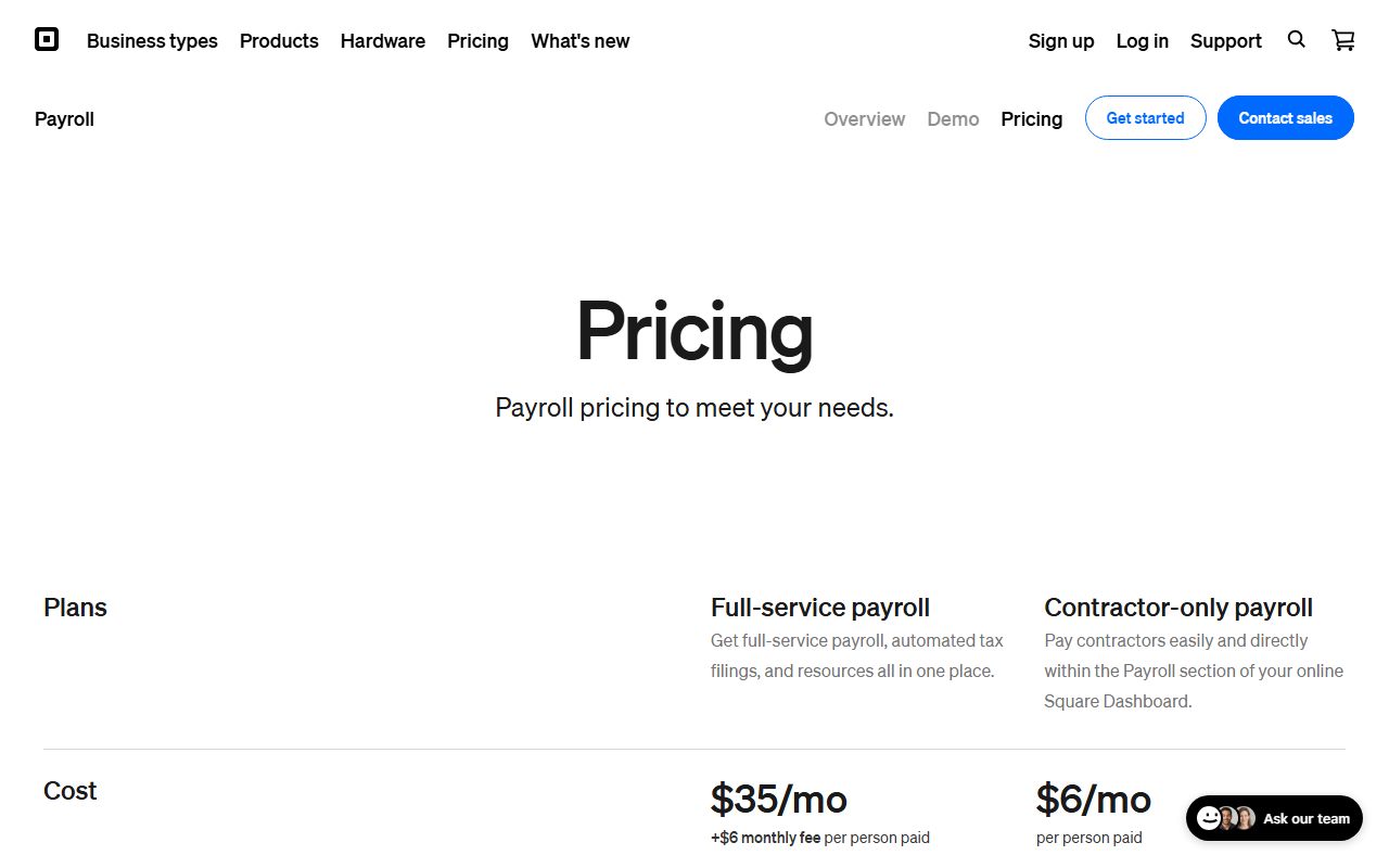 Square Payroll pricing (base fee, per person paid, contractor-only rate), captured October 25, 2026. Figures change; the live page is the source of truth.
