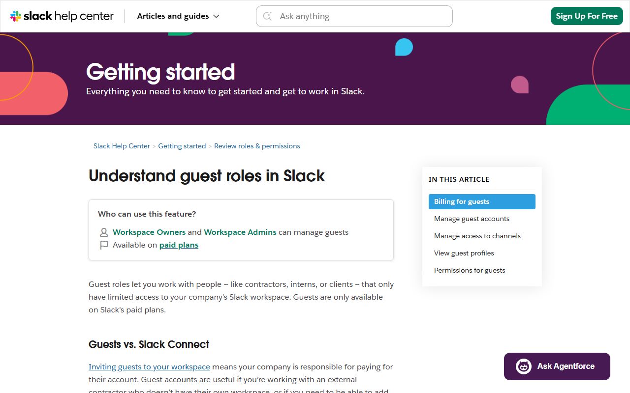 Slack help: guest roles in Slack (5 free guests per paid member), captured October 20, 2026. Figures change; the live page is the source of truth.