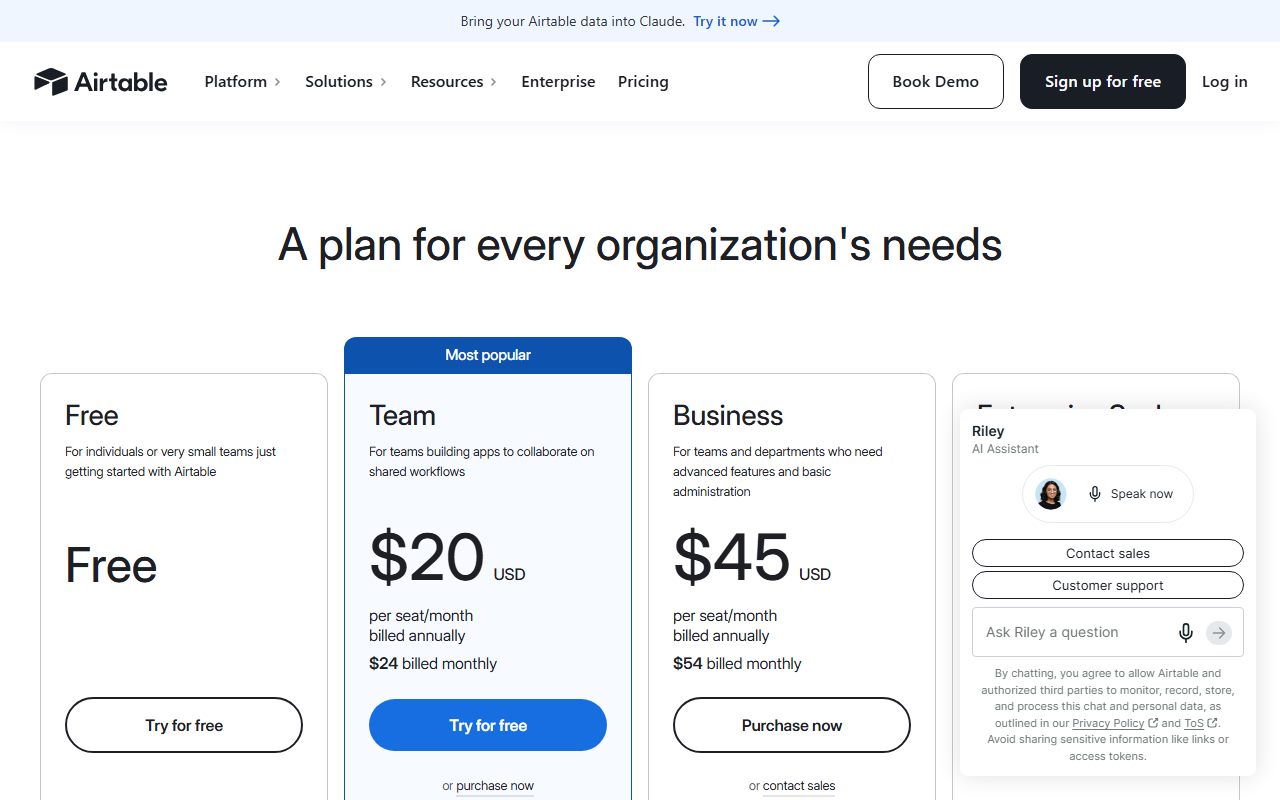 Airtable pricing (edit-permission billing, read-only collaborators free), captured October 20, 2026. Figures change; the live page is the source of truth.