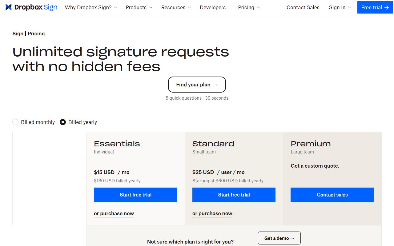 Dropbox Sign plans and pricing (Essentials, Standard, Premium), captured October 21, 2026. Figures change; the live page is the source of truth.