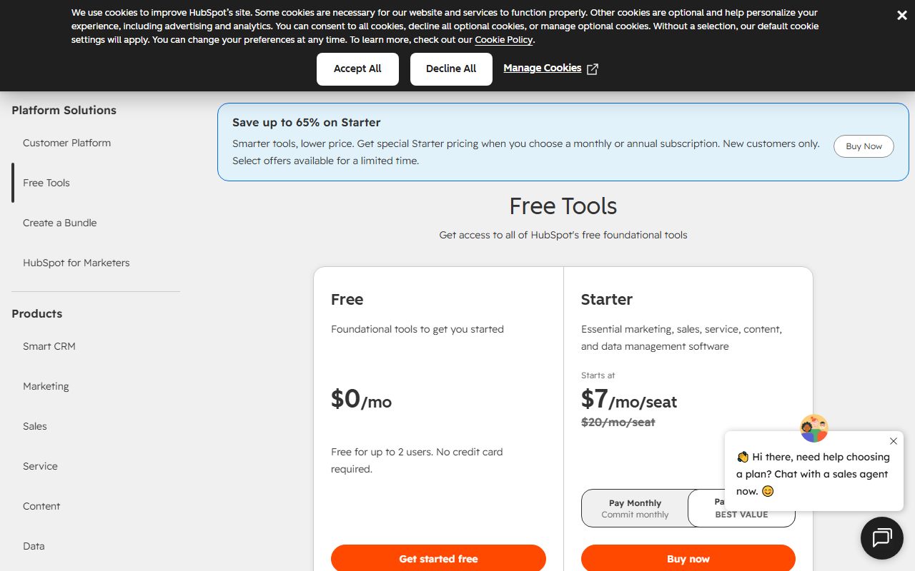 HubSpot pricing: Customer Platform (free tools limits, Starter price), captured October 11, 2026. Figures change; the live page is the source of truth.