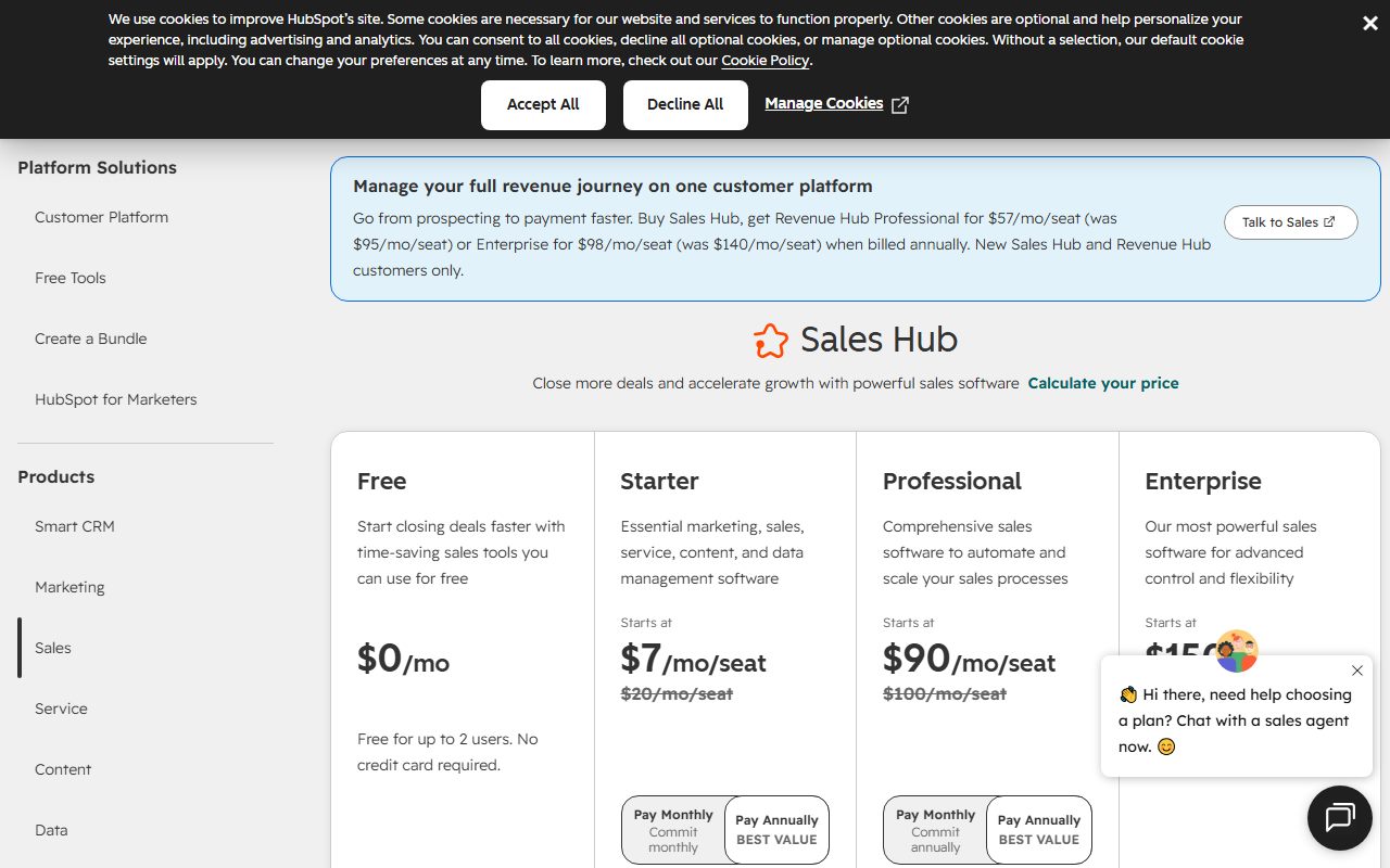 HubSpot pricing: Sales Hub (free tools and Starter limits), captured October 11, 2026. Figures change; the live page is the source of truth.