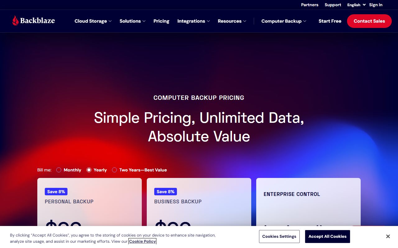 Backblaze Computer Backup pricing (monthly, yearly and two-year prices, unlimited data, proration note), captured October 26, 2026. Figures change; the live page is the source of truth.