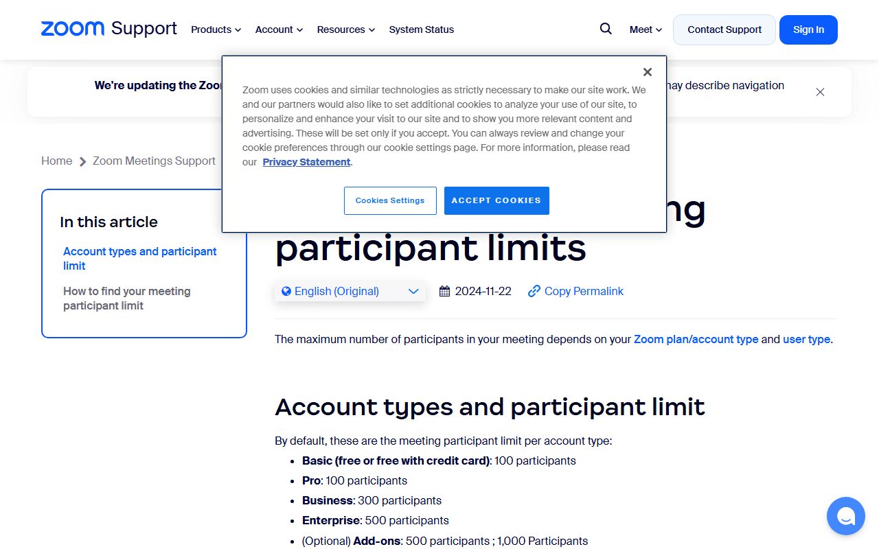 Zoom support: understanding meeting participant limits, captured October 22, 2026. Figures change; the live page is the source of truth.