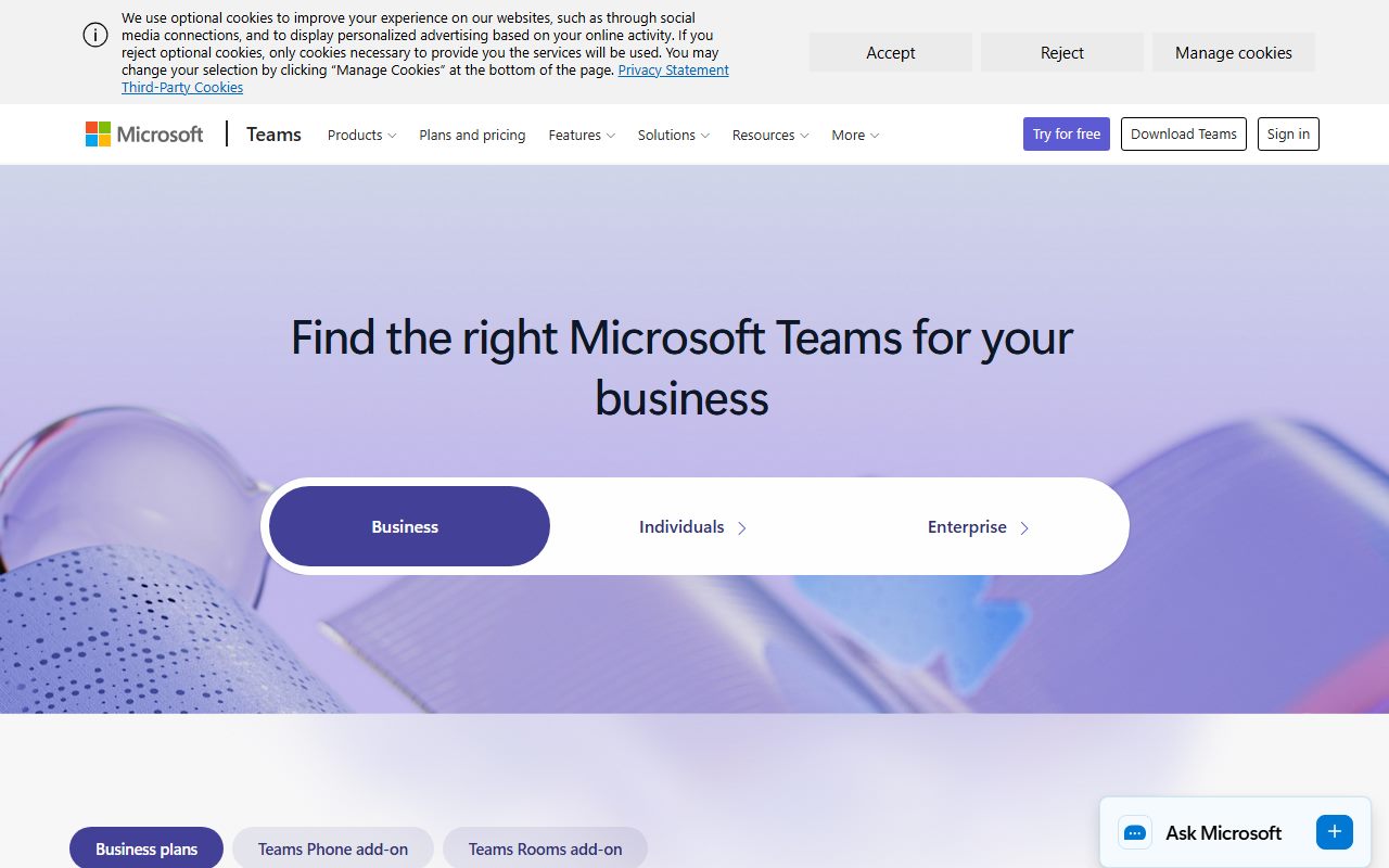 Microsoft Teams business plan comparison (rates, 300 participants, 30 hours), captured October 22, 2026. Figures change; the live page is the source of truth.