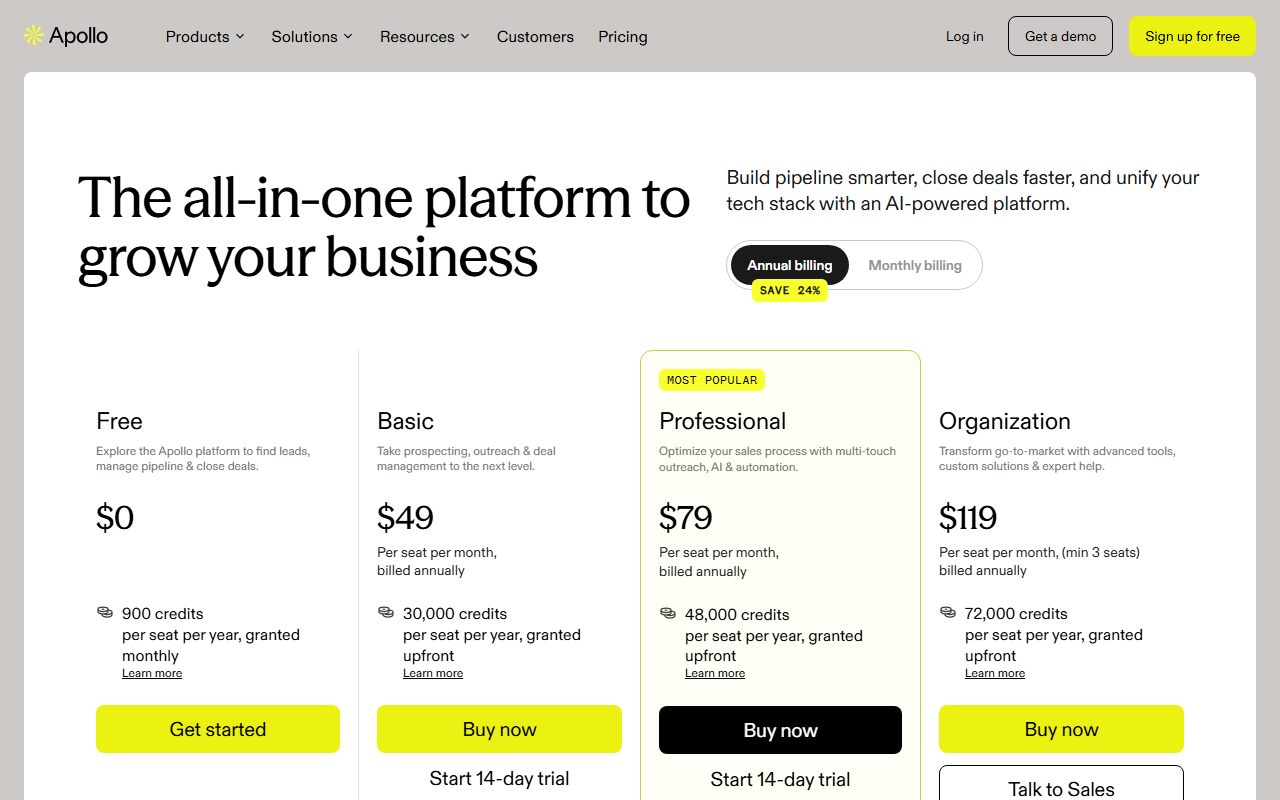 Apollo.io pricing page, captured October 9, 2026. Figures change; the live page is the source of truth.