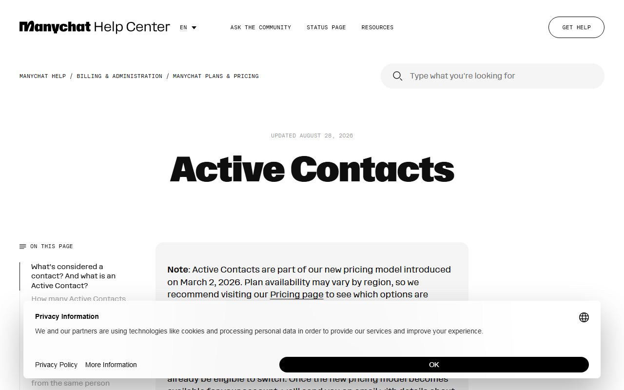 Manychat help center: Active Contacts, captured October 9, 2026. Figures change; the live page is the source of truth.