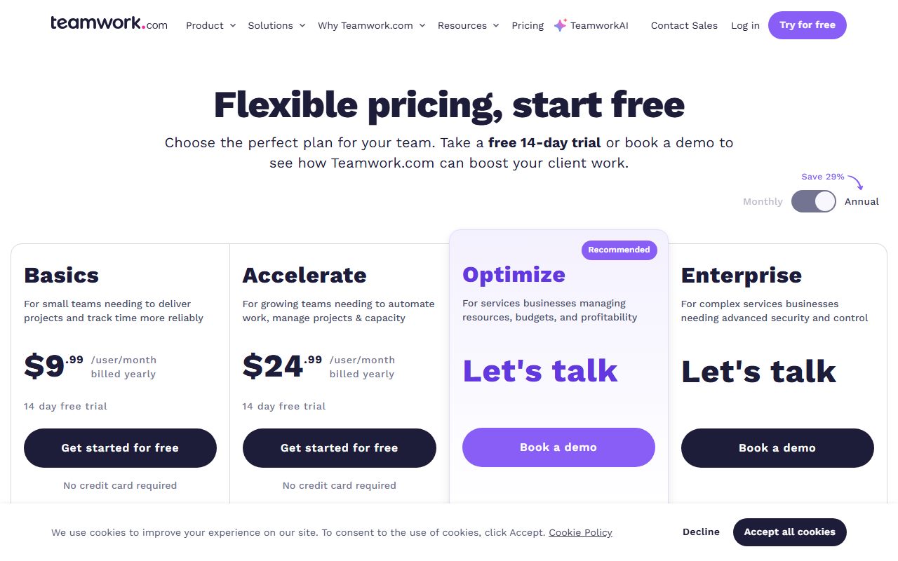 Teamwork.com pricing (Min 3 and Min 5 markings), captured October 23, 2026. Figures change; the live page is the source of truth.