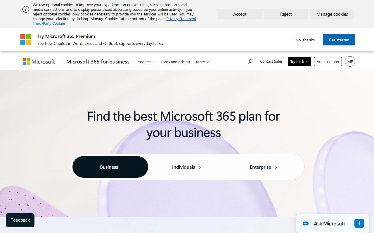Microsoft 365 business plan comparison (Standard with Copilot $23.50, Premium with Copilot $32.00, Basic $7.00), captured October 16, 2026. Figures change; the live page is the source of truth.
