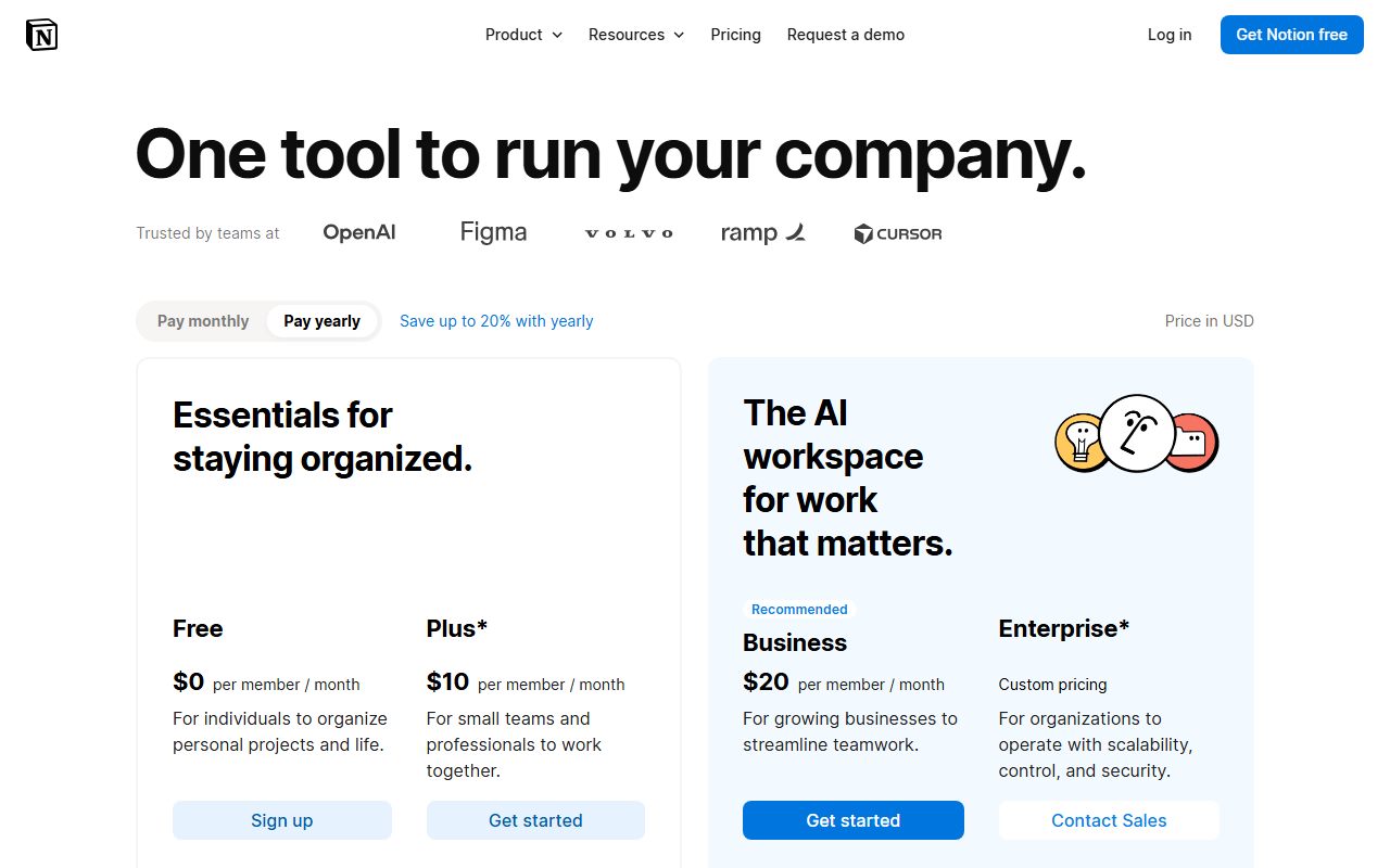Notion pricing (Free, Plus $10, Business $20 per member, agents $10 per 1,000 monthly credits), captured October 16, 2026. Figures change; the live page is the source of truth.