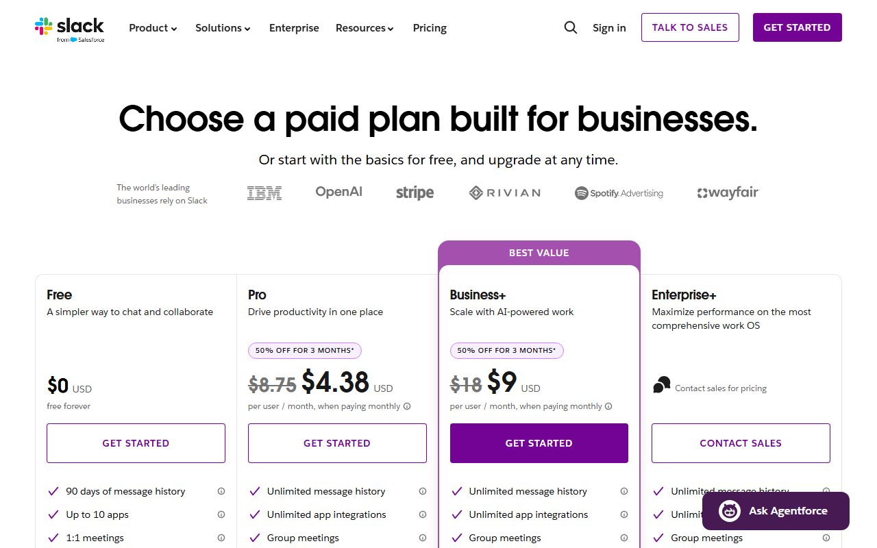 Slack pricing (Pro $7.25 annual or $8.75 monthly, Business+ $15 or $18, 50% off for 3 months within first 7 days), captured October 17, 2026. Figures change; the live page is the source of truth.