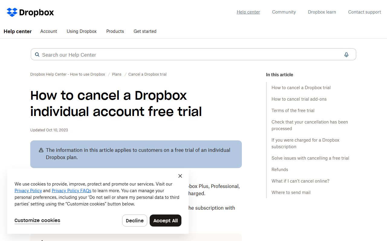 Dropbox help: cancelling reverts to Basic 2 GB, files may be deleted over the limit, 30-day recovery, captured October 18, 2026. Figures change; the live page is the source of truth.
